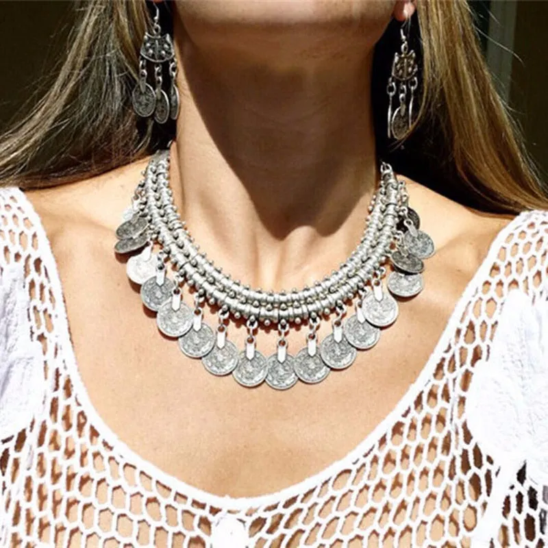 Ztech Boho Antique Coin Necklace, Earring And Bracelet for Women