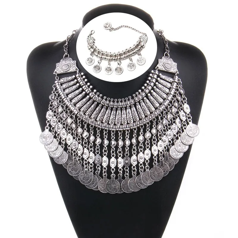 Ztech Boho Antique Coin Necklace, Earring And Bracelet for Women