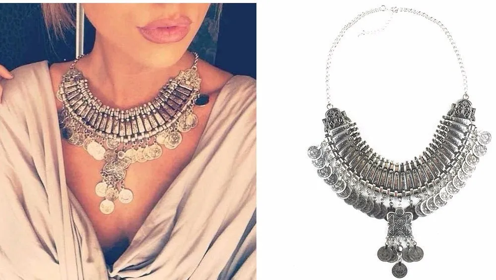 Ztech Boho Antique Coin Necklace, Earring And Bracelet for Women