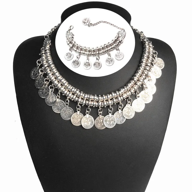 Ztech Boho Antique Coin Necklace, Earring And Bracelet for Women