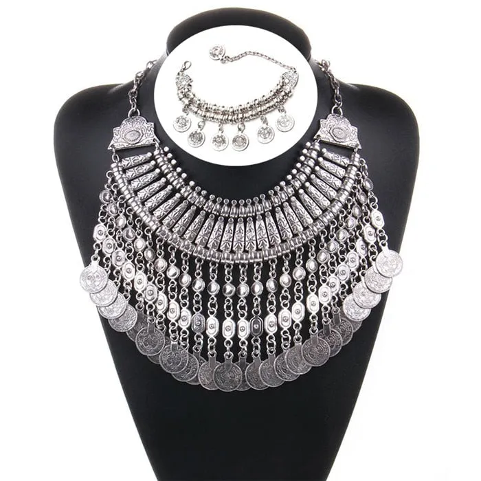 Ztech Boho Antique Coin Necklace, Earring And Bracelet for Women