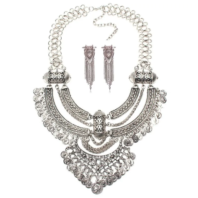 Ztech Boho Antique Coin Necklace, Earring And Bracelet for Women