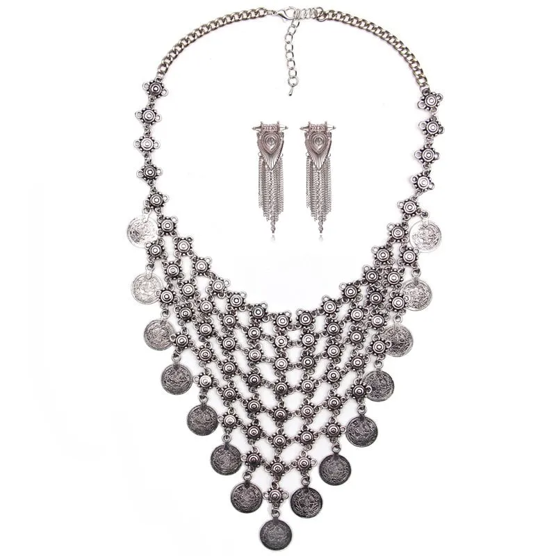 Ztech Boho Antique Coin Necklace, Earring And Bracelet for Women