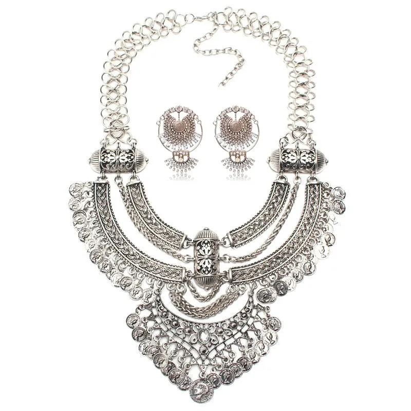 Ztech Boho Antique Coin Necklace, Earring And Bracelet for Women