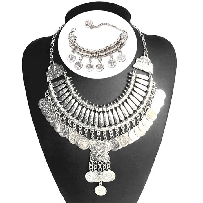 Ztech Boho Antique Coin Necklace, Earring And Bracelet for Women