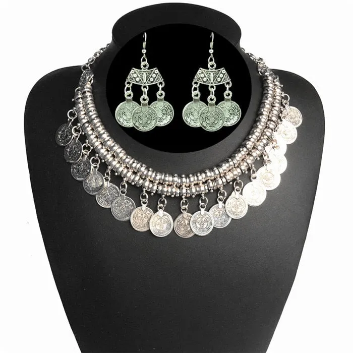 Ztech Boho Antique Coin Necklace, Earring And Bracelet for Women